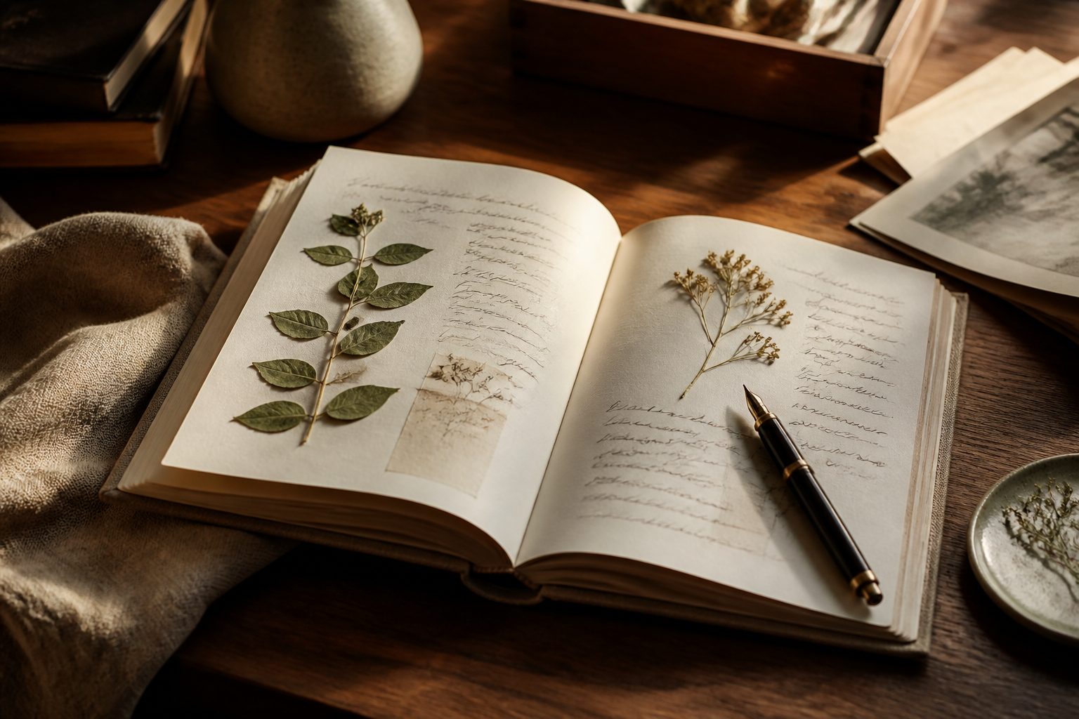 Open linen journal with a fountain pen on a walnut desk