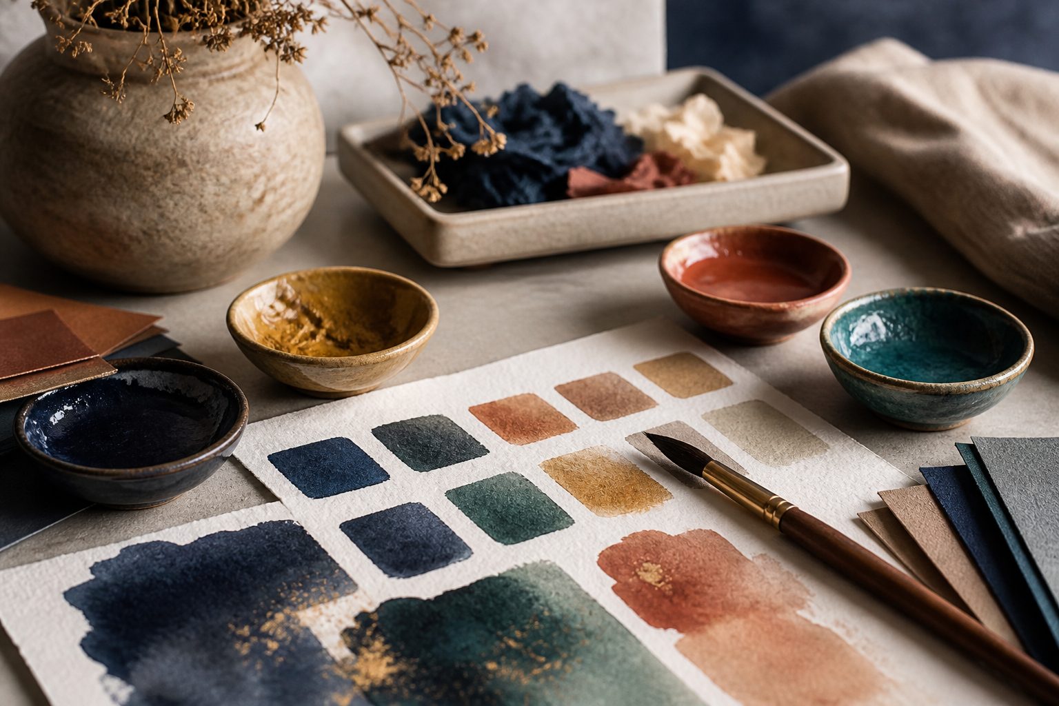 Pigment bowls and watercolor swatches on a designer's desk